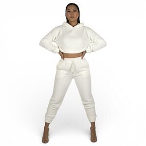 NWT Parisian Crop Sherpa Hoodie Jogger Set Womens 12 White Lounge Cozy Neutral